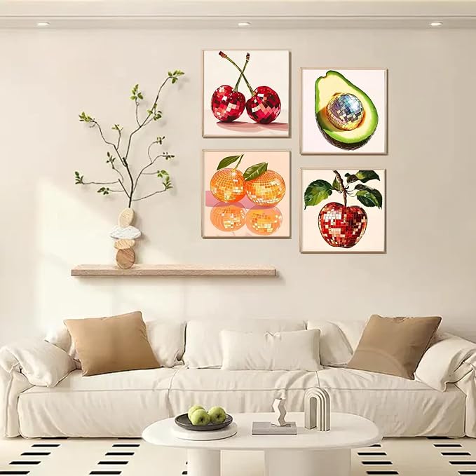 AIBOERL 4 Pack Diamond Art Kits for Adults,Fruits Diamond Painting | Round Drill Disco Fruits Diamond Painting for Beginners DIY Rhinestone 5D Diamond dots(Gemstone Craft)Wall Art Gift 12x16IN