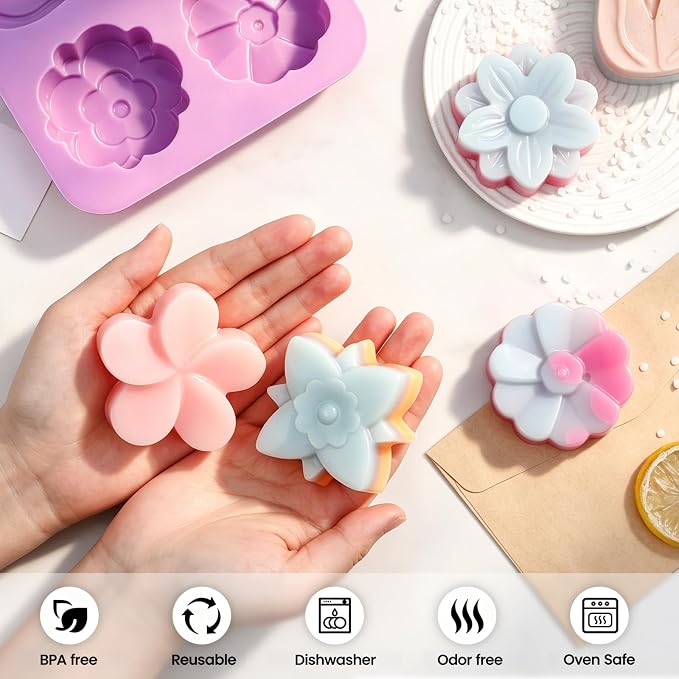 SJ Silicone Molds for Crafts, 2 Pack Tulip and Flower Soap Molds | 6 Cavities with Assorted Blossom Designs, Flexible, Easy-Release for Plaster, Resin, Bath Bombs, Wax and DIY Projects