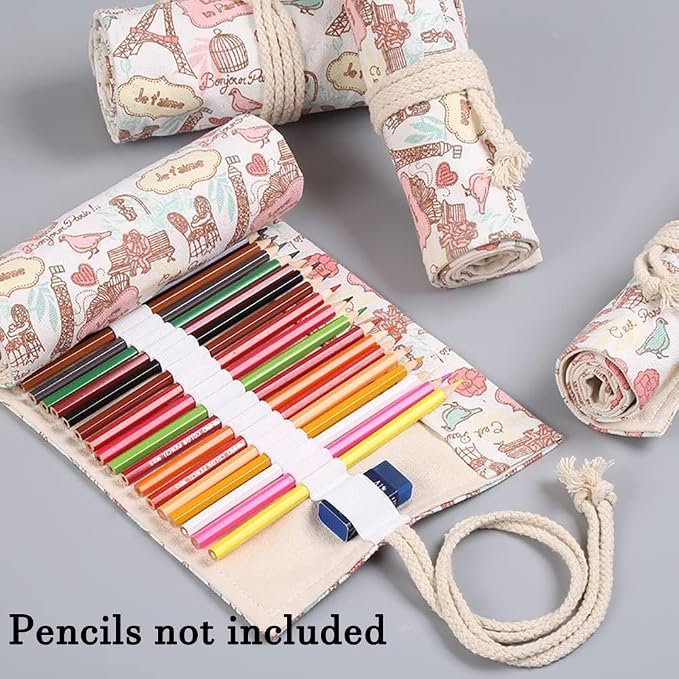 DIYOMR 24/36/72 Slots Pencil Wrap Pencil Rolls, Artist Colored Pencils Roll Up Bag Short Brushes Pouch Case Pencils Organizer for Drawing Coloring and Sketching,No Pencils (Paris Tower, 72slots)