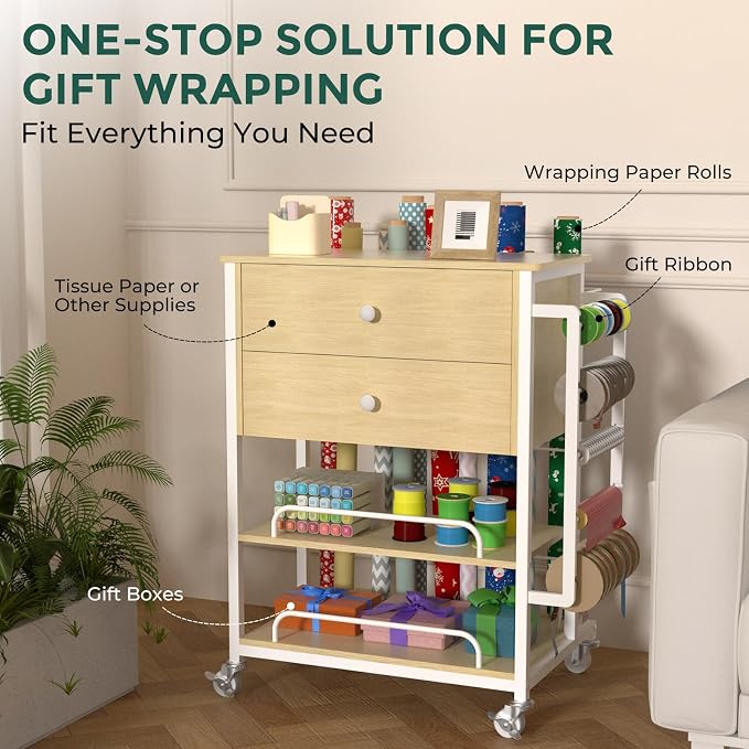 Wrapping Paper Storage & Organizer, Craft Cart with Ribbon & Gift Bag Storage, Wrapping Paper Organizer Holder(2 Wooden Drawers-Oak)
