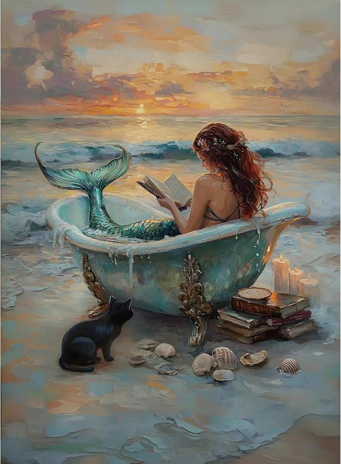 Mermaid bathtub Paint by Numbers Kit for Adults Beginner (Without Frame) | Beach shells Paint by Number Kits on Canvas DIY Acrylic Oil Easy Painting by Numbers for Home Wall Decor Gift12X16 in
