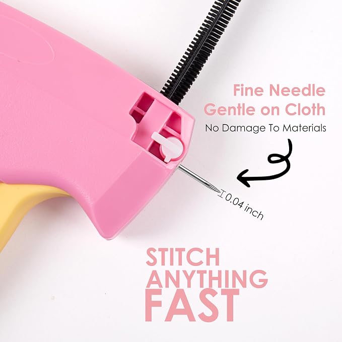 Stitch Gun for Clothes - Handheld Stitch Gun Quick Clothing Fixer - Mini Sewing Kit Micro Tagging Gun - Includes 6 Needle, 1000 Black Fasteners & 1000 White Fasteners (Pink-Yellow)