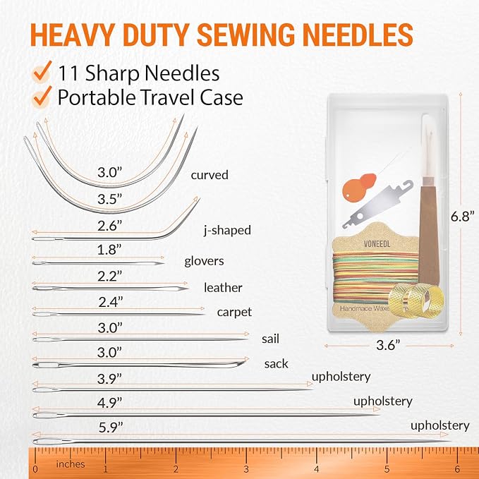 Upholstery Repair Kit: Waxed Sewing Thread (Multicolor) & Heavy Duty Needles (11 PCS) for Leather, Canvas & Quilting Thread