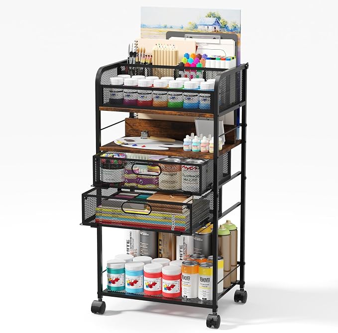 Homsorout Art cart, 5 Tier Rolling Cart - Utility Cart with Storage Drawer and Wheels, Versatile Art & Craft Organizer for Home, Office, or Studio Ideal for Storing Brushes, Paints