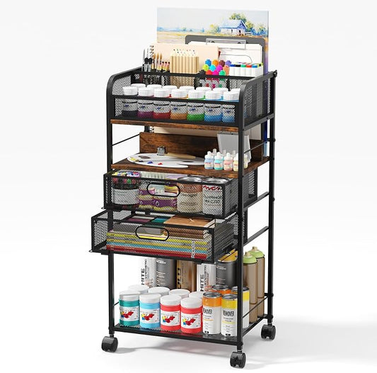 Homsorout Art cart, 5 Tier Rolling Cart - Utility Cart with Storage Drawer and Wheels, Versatile Art & Craft Organizer for Home, Office, or Studio Ideal for Storing Brushes, Paints