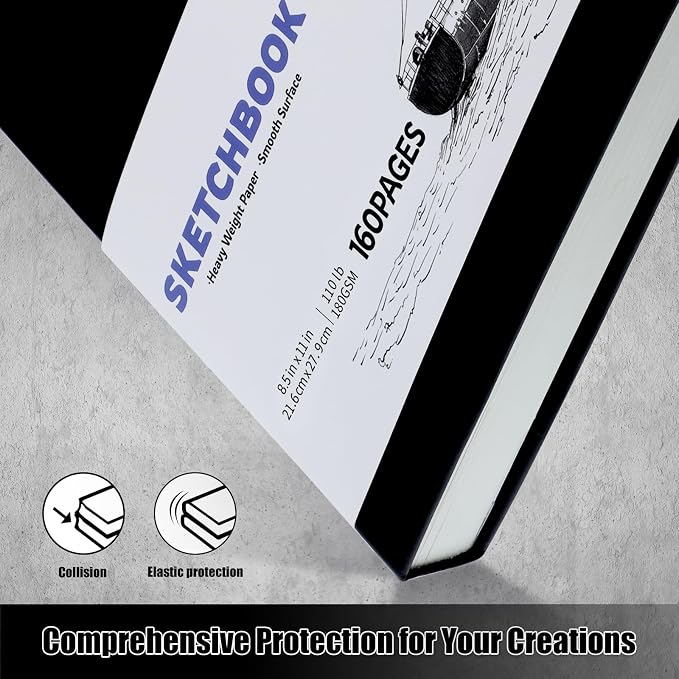 Hardcover Sketch Book 8.5 × 11 in, 180gsm, 80 Sheets, Black | Acid-Free Thick Paper, Marker And Pencil Friendly, Perforated Pages, Elastic Band, Back Pocket