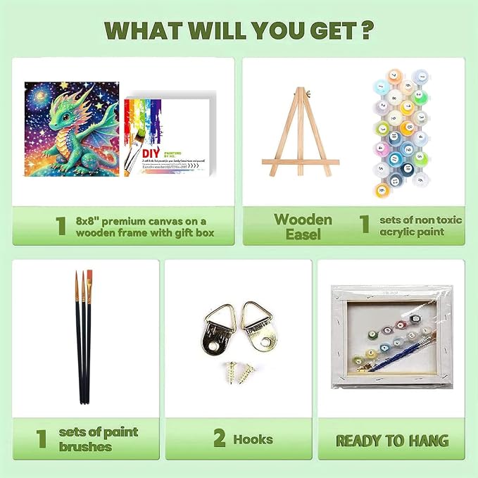 cviokrdu Dragon Paint by Numbers Kit for Kids with Frame - Wooden Easel, Dragon Paint by Numbers for Kids Ages 4 8 12, Easy Acrylic Oil Painting Kits for Home Wall Decoration 8x8 inch