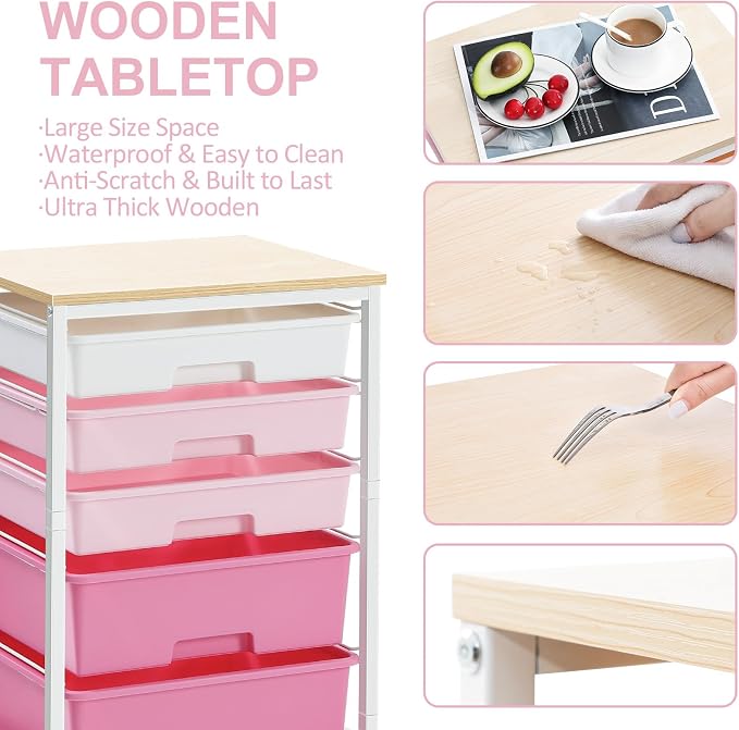SYKIARIOL Utility Cart with Drawers,5 Drawers Storage Cart,Rose Pink | 5-Tiers Drawer Cart with Wooden Top with Lockable Wheels for Craft Organizers and Storage,Home Office,Classroom,Dorm,Playroom