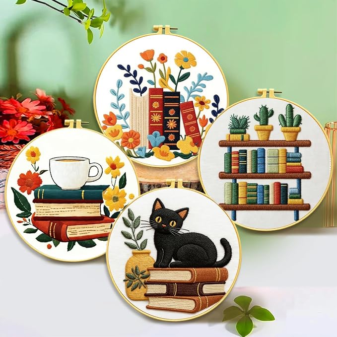 Zhenqing 4-Piece Book Lover Embroidery Kit for Beginners, Cat Coffee Books Needlework Set with Pre-Printed Fabric, Hoop, Threads & Tools (C0226)