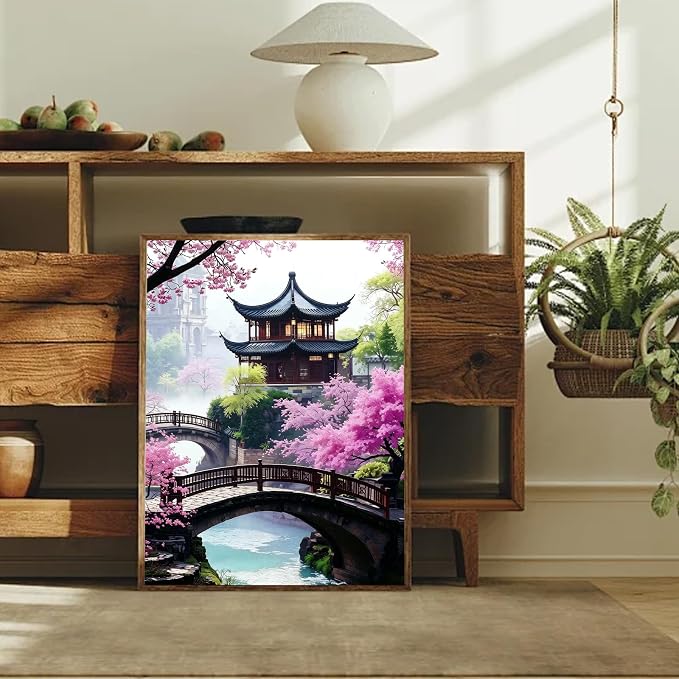 Cherry Blossom Paint by Numbers Kit for Adults with Frame & Easel 12x16in | 32 Colors, Adult Paint by Numbers, Japanese Scenery Canvas Paint by Numbers for Adults, DIY Acrylic Painting Kits on Canvas