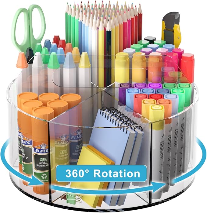 Rotating Markers Organizer for Kids, Acrylic Lazy Susan Organizers for Desks, 360 Degree Spinning Pencil Holders Pen Holders, Clear Arts and Crafts Organizer Storage, Art Supply Storage 6 Compartments