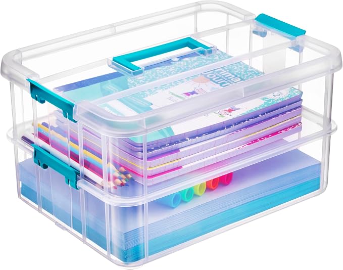 Tribello Craft Box & Art Supply Storage Organizer – Stackable Art Organizer and Craft Storage Box with Handle, 2-Layer Clear Art Supplies Organizer (14 x 10 x 7)