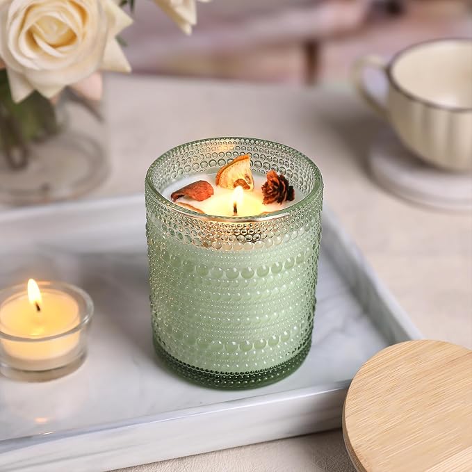DARJEN 12 Pcs 10 oz Glass Candle Jars with Lids, Candle Tins-Green | Thick Wall Ribbed Glass, Airtight Wood Lids- The go to candle jar for DIY, thoughtful gifters, growing candle brands