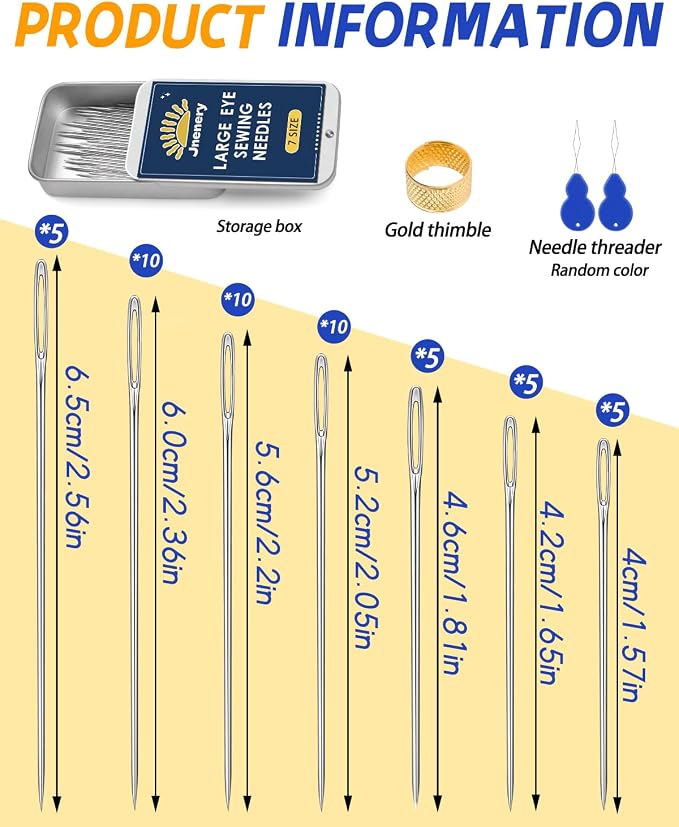 50 Pcs Large Eye Sewing Needles, 7 Size Embroidery Needles for Handsewing | Leather Sewing Thread Sharp Needle, Stainless Steel Yarn Knitting Needle with Threader, Thimble for Repair, Quilting