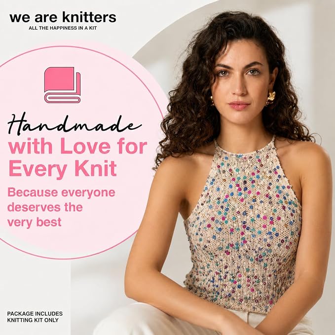 We Are Knitters Briolette Top Knitting Kit | Limited Edition DIY Knitting Kit for Women | Beginner-Friendly Top Kit with 3 Dancing Queen Opalite Cotton Yarn, Pattern & 1 Needles