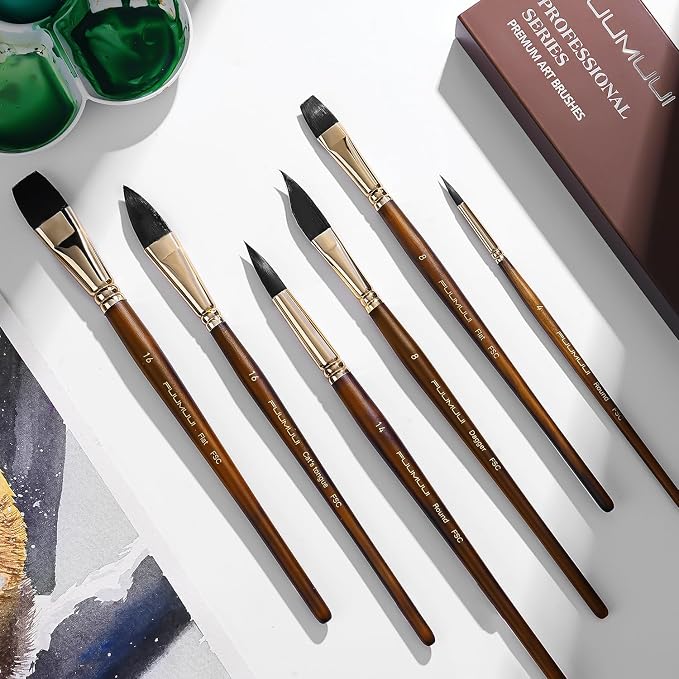 Watercolor Brushes Professional, Fuumuui 10Pcs Synthetic Squirrel Hair Water Color Paint Brush Set for Artists - Flat, Round Pointed, Dagger, Cats Tongue Oval Wash for Watercolor Gouache Inks Painting