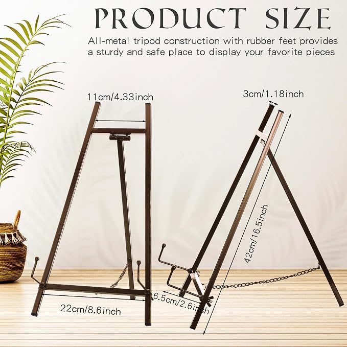 Leinuosen 1 Pcs Metal Easel Stand 16.5" H x 8.7" W x 4.3" D Table Top Easel Stand for Display Tripod Art Picture Mirror Modern Plate Holder for Display Book Photo Wedding Sign (Brown)