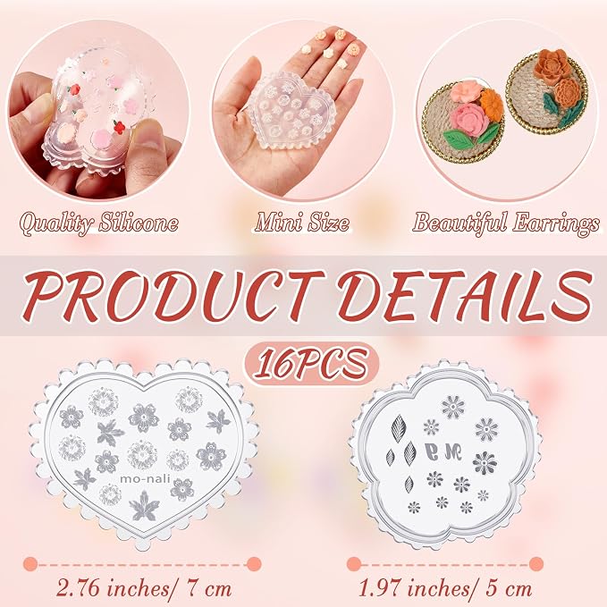 Zeyune 16 Pcs Summer Small Flower Polymer Clay Molds, Mini 3D Silicone Resin Casting Molds for Earring Making Jewelry DIY, Includes Alphabet, Flower, Heart and Bow Shapes(Daisy & Leaf)