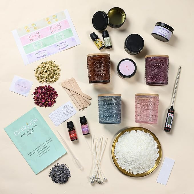 DARJEN Candle Making Kit for Adult, 4 Jars & 4 Tins Soy Wax Scented DIY Set | 100% Soy Wax, 10oz Glass Jars, 4oz Tins, Cotton Wicks, Pleasant Scents, Instruction& More- Perfect as Home Decorations