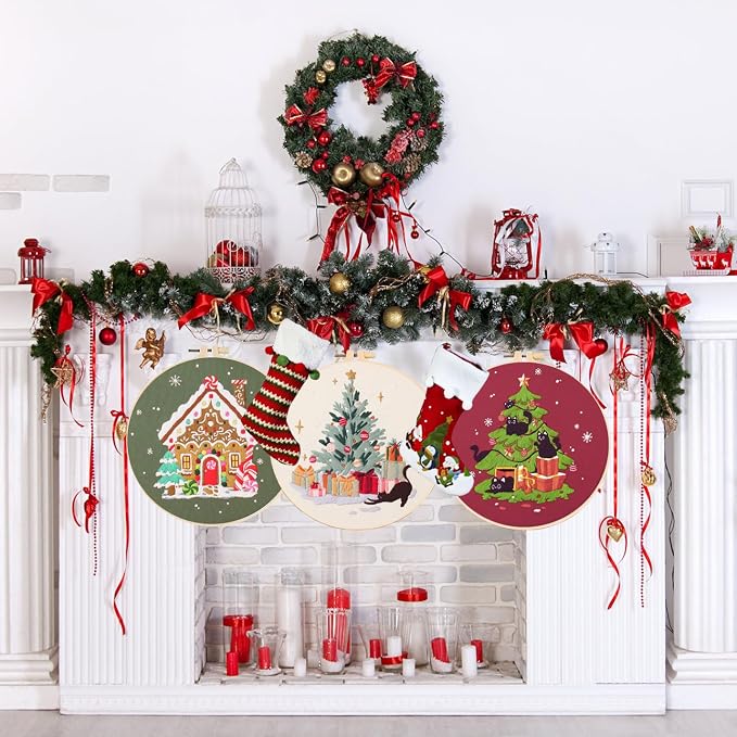 LB Christmas Embroidery Kit for Beginners Adults, 3 Sets Hand Embroidery Starter Kit with Black Cat Pattern and Instructions Stamped Cross Stitch Kits Include Embroidery Hoop Needles Threads Scissors