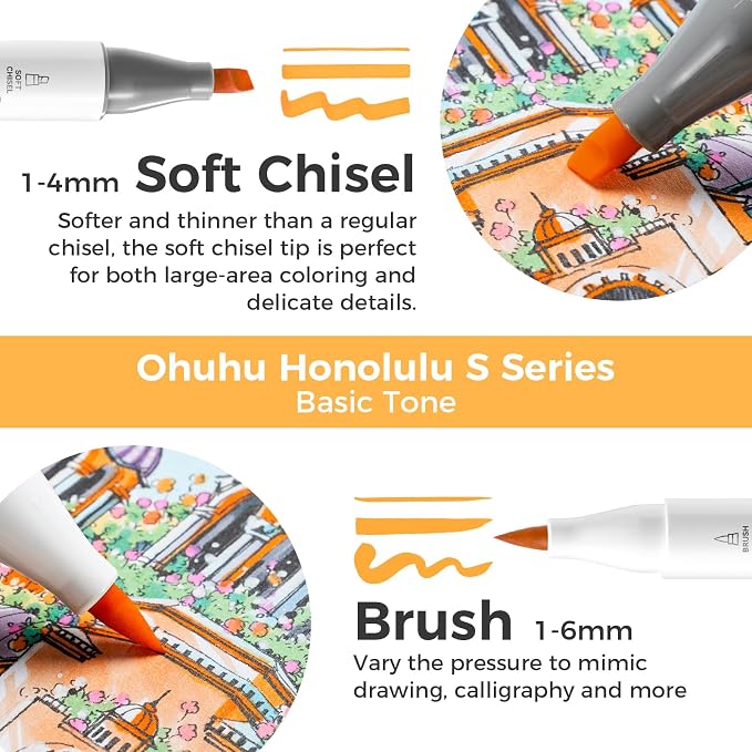 Ohuhu Alcohol Markers 48 Colors Brush& Soft Chisel for Adult Cozy Coloring | Dual Tips Drawing Markers for Artists Beginners Illustration Sketching, AP Certified Refillable Alcohol-based, Honolulu S