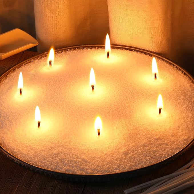 LAMORGIFT 1LB Candle Sand- White Candle Beads, Sand Wax, Pearled Candles with Wicks (10 Pcs), Candles Unscented for Powder Candle Making, Refill Kit