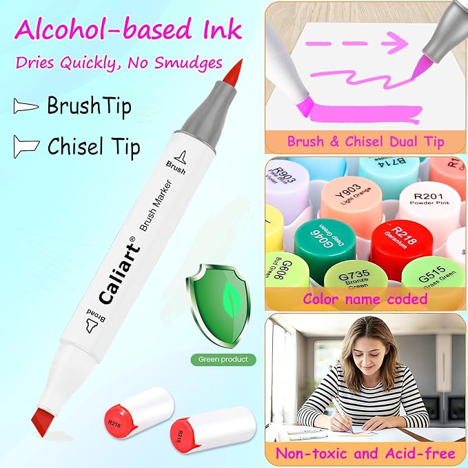 Caliart 101 Colors Alcohol Markers Brush Tip Art Markers for Adult Coloring | Brush & Chisel Permanent Markers Pens Set with Carrying Case for Artists & Beginners Drawing Painting Sketching Illustration