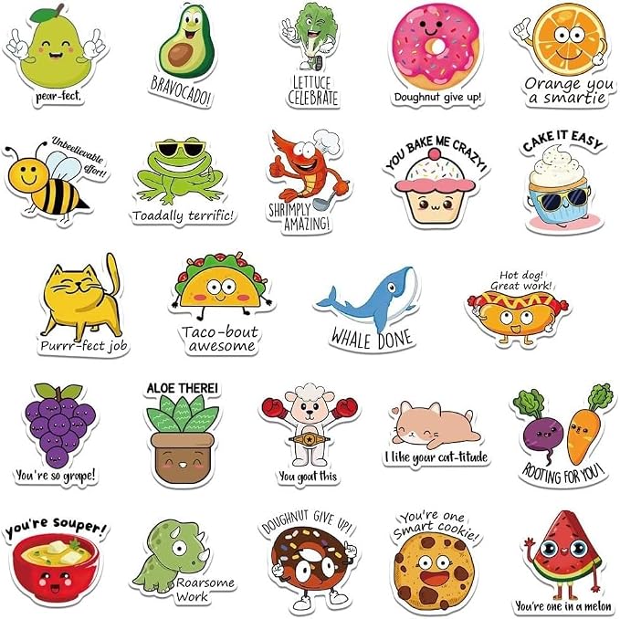 50PCS Punny Motivational Reward Stickers, Fun Funny Cute Bulk Stickers for Kids Classroom Adults, Waterproof Vinyl Decals for Water Bottle Laptop Planner Book Scrapbook, Teacher Prizes, Small Business