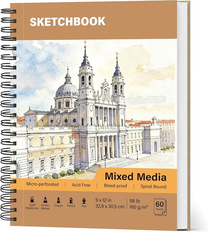 Mixed Media Sketch Book 9" x 12": 98lb/160gsm Spiral Sketchbook, 60 Sheets