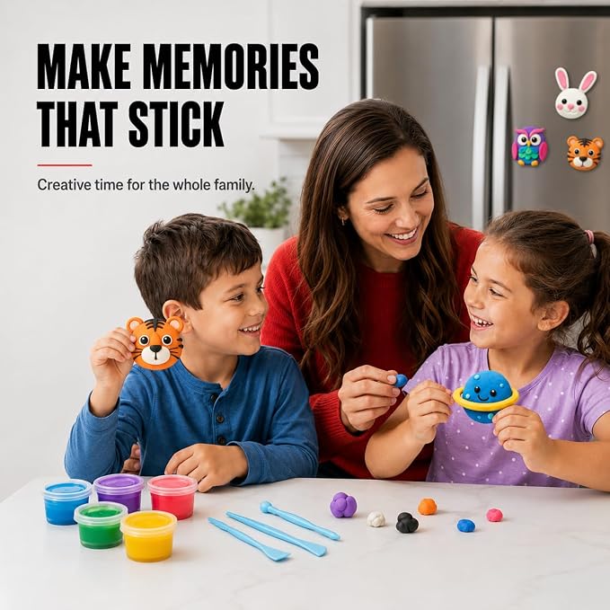 Air Dry Clay Magnet Making Kit for Kids, 18 Colors DIY Fridge Magnets | 18 colors, 8 self-adhesive magnets, 3 sculpting tools, shaker domes, no baking, no extra glue, visual guide, ages 6+