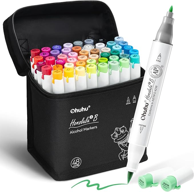 Ohuhu Alcohol Markers Brush& Fine 48 Colors for Adults Coloring Refillable | AP Certified Art Marker Set, Dual Tips Alcohol-based for Artists Beginners Drawing Illustration Sketching, Honolulu 2B