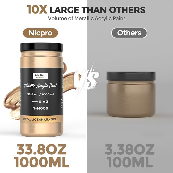 Nicpro Metallic Sahara Gold Acrylic Paint, 33.8oz/1000ml Gold Leaf Paint | Non Toxic Non Fading Craft Paint for Metal, Wood, Craft, Clay, Canvas, Furniture, Art Painting, Handcrafts, Art Supplies