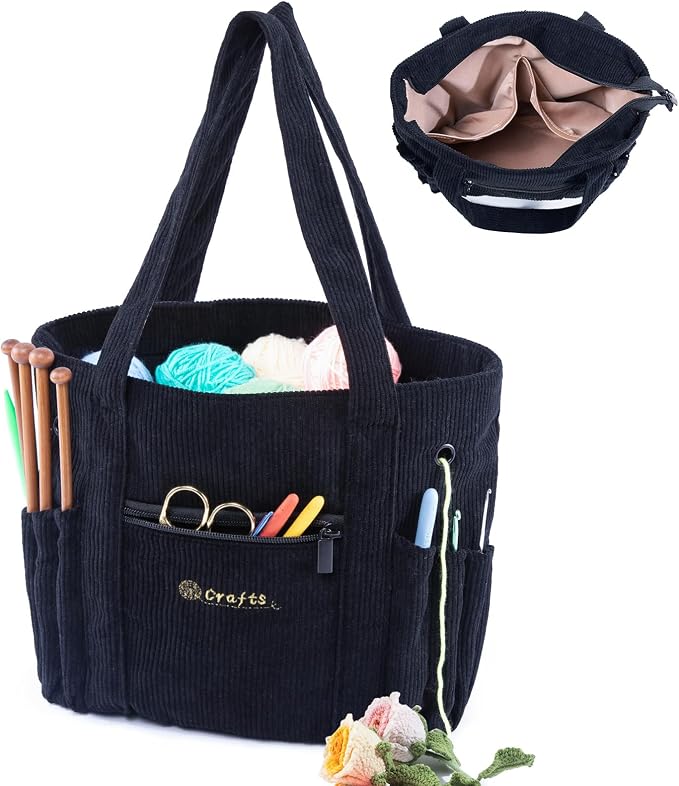MYBAGZING Crochet Bag and Tote - Corduroy Yarn Bag - Yarn Holder for Crocheting - Crochet Storage Bag for Crochet Hooks, Crochet Accessories, Knitting Bag for Crochet Lovers, Mom Gift