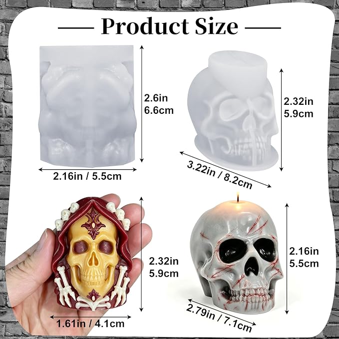 Skull Candle Mold Silicone, 2 Pack Style Halloween Skull Head Molds | 3D Skull Silicone Molds for DIY Aromatherapy Candles, Epoxy Resin Casting, Soap, Gypsum, Home Decor Handmade Crafts Gifts