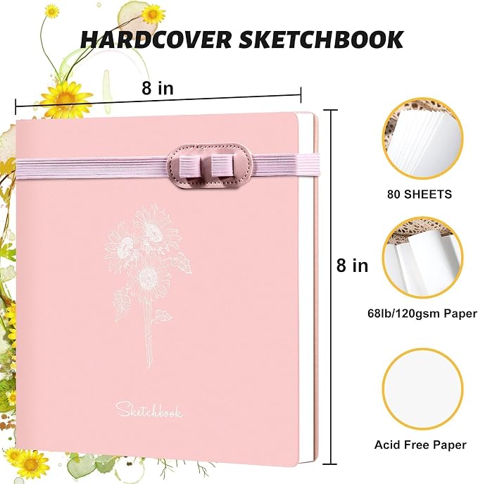 Hardcover Sketchbook for Drawing with 2 Pencils,160 Page Sketch Book,Pink | Acid Free 150GSM Thick Paper,Gift Boxed,Square Leather Art Sketch Pad Drawing Paper Book Artist's Journal for Women Adults