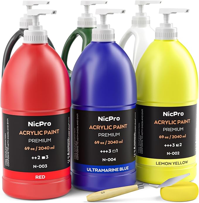 Nicpro 6 Colors Bulk Acrylic Paint Set, 69oz/2040ml Art Painting Supplies