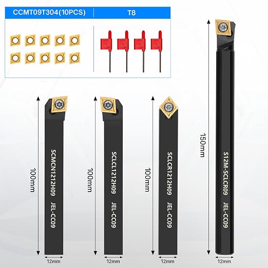Indexable Lathe Turning Tool 1/2" 12mm Shank 14PCS Kit, 4PCS Metal Lathe Tools Holder 10PCS CCMT09T304 Carbide Insert for Turning Boring Grooving, SCMCN1212H09/SCLCL1212H09/SCLCR1212H09/S12M-SCLCR09