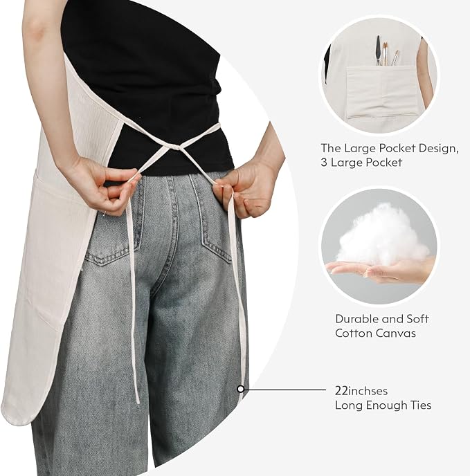 Painting Apron for Men and Women, Professional Cotton Canvas Bib | For Acrylic, Oil and Watercolor Painting, With 3 Pockets, Adjustable