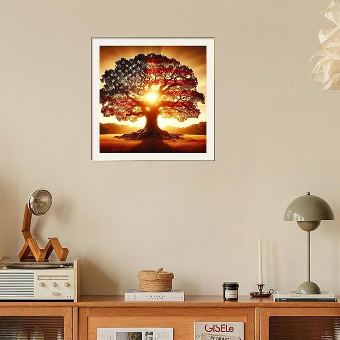JXDXDJ 5D Diamond Painting Kits for Beginners,Ancient Tree Full Drill Diamond Art Kits for Adults,DIY American Flag Round Diamond Dots for Adults Crafts,Gem Painting Home Wall Decor 13.78x13.78 Inch