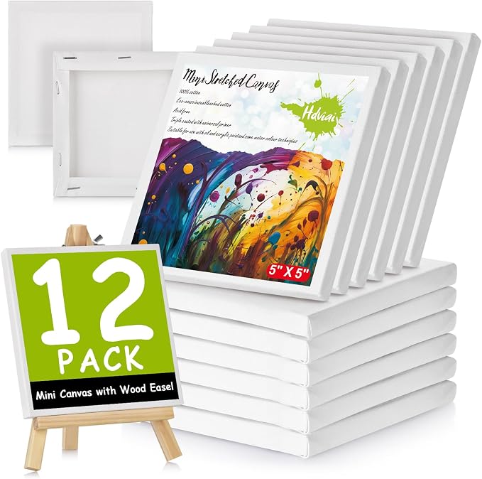12PCS Mini Canvas & Easel Set – 5 x 5 in Small Square Stretched Canvases and 7.7 x 4.4 in Easel, 0.4 in Thick Blank Canvases for Students, Art Supplies, School & Home Crafts
