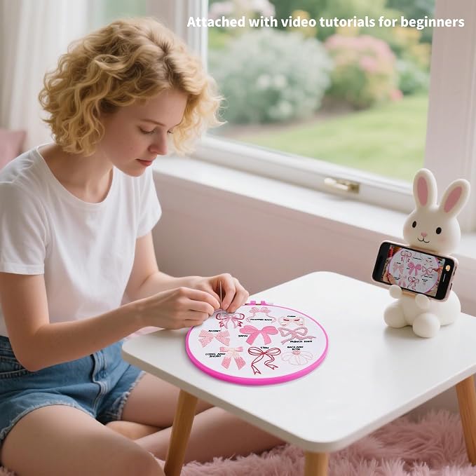 Pink Bowknot Embroidery Kits for Beginners Adults, Cute Hand Embroidery Starter Kits, Counted Cross Stitch Kits for Beginners DIY Craft Kits for Adults Women, Embroidery Hoops, Thread & Video Tutorial