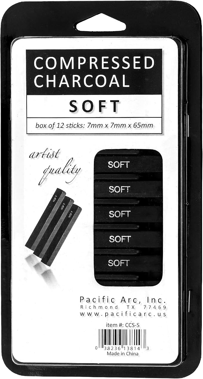 Pacific Arc Compressed Charcoal Sticks Soft 12 Pack for Drawing, Sketching, and Shading