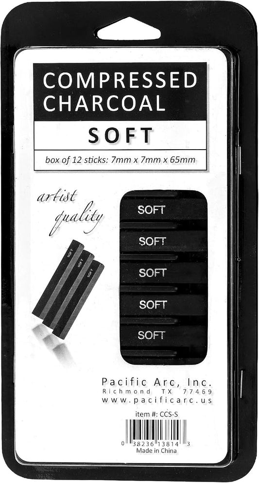 Pacific Arc Compressed Charcoal Sticks Soft 12 Pack for Drawing, Sketching, and Shading