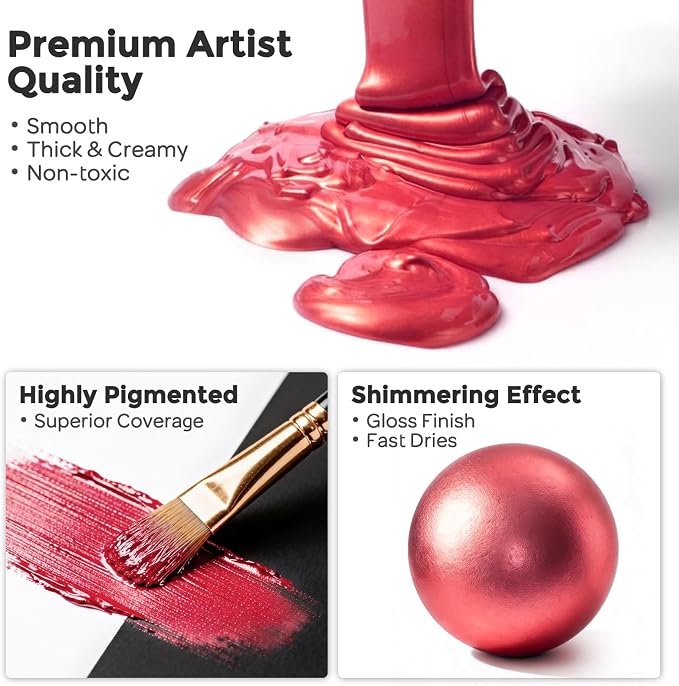 Nicpro Metallic Red Acrylic Paint, 8.45oz/250ml Large Metallic Paint | Non Toxic, Non Fading Craft Paints for Metal, Wood, Clay, Fabric, Canvas, Furniture, Handcrafts, Art Supplies