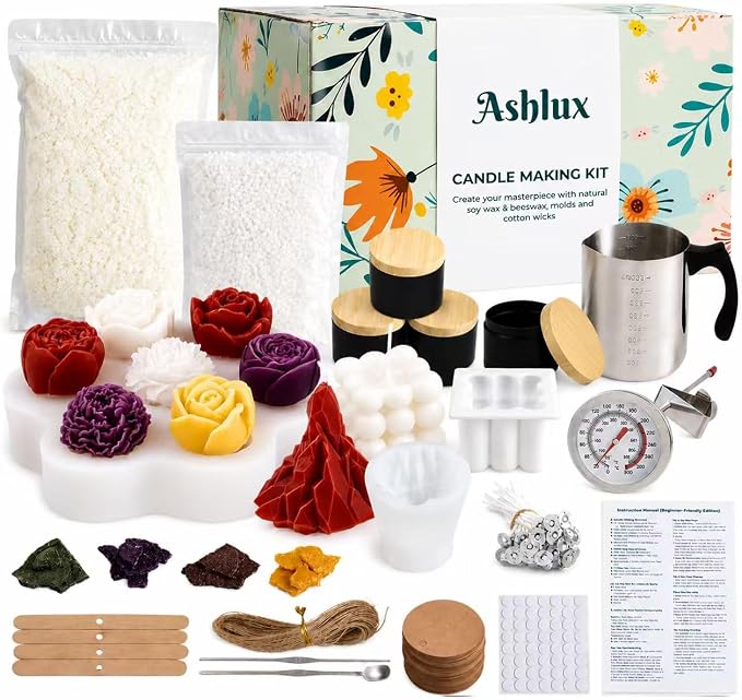 Ashlux Premium Candle Making Kit for Adults, 2lb Soy & Beeswax Flakes Set | Complete DIY Supplies for Beginners, 3 Molds, Dyes, Thermometer, Melting Cup, Ideal for Family Crafting, Gifts, Home decor