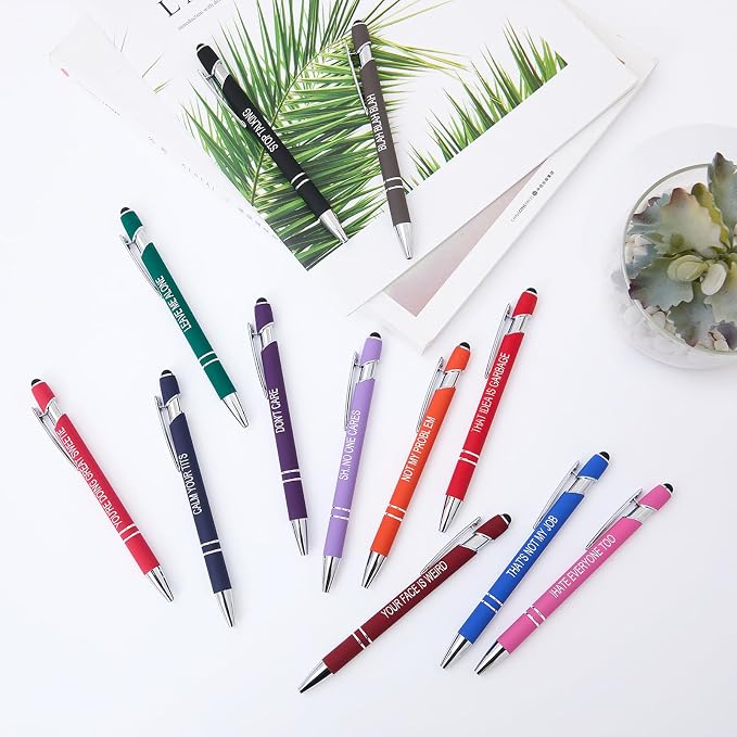Actsun Funny Pens, 12 Pcs Pens Fine Point Smooth Writing Pens, Sarcastic Ballpoint Pens with Screens Touch Stylus Tips, Black Ink 1.0 Mm Snarky Pen, Gift Office Desk Accessories