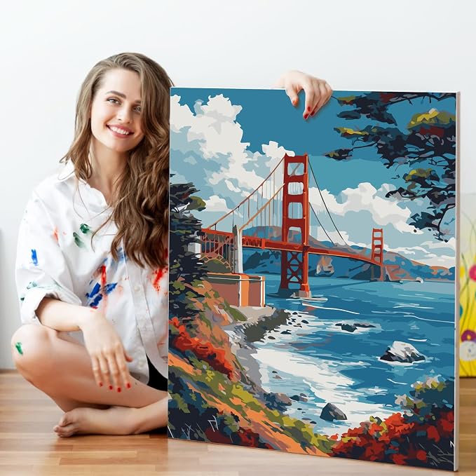 Paint by Numbers Kit for Adults Beginner 16x20 Inch, Golden Gate Bridge | DIY Acrylic Painting by Numbers San Francisco Scenery, Without Frame Canvas, Stress Relief Craft Kits, For Home Decor Gift