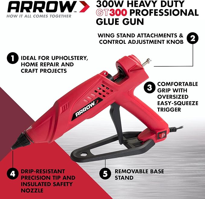 Arrow Fastener 300-Watt Heavy Duty Professional Electric Hot Melt Glue Gun for Crafts, Construction, and Wood, Clear