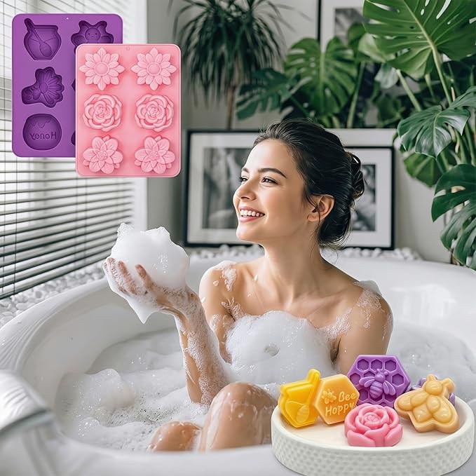 SJ Bee & Flower Silicone Mold Set, 2-Pack 6-Cavity Soap & Craft Molds | For Crafts, Soap Making, Plaster, Wax Melts & Resin, Food Grade Silicone, Easy Release, Reusable