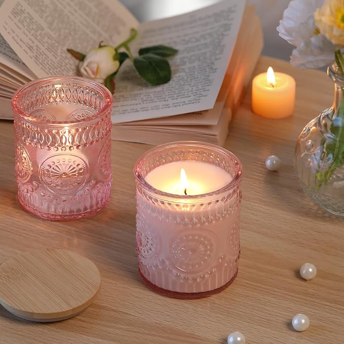 DARJEN 10 Pcs 8oz Glass Candle Jars with Lids, Candle Containers Tins-Pink | Premium Thick Glass, Secure Wooden Lids- Candle Jars for DIY Candle Making, Stunning Sunflower Design